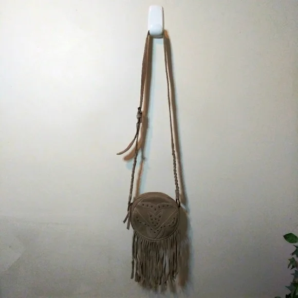 Earthbound Trading Co. Boho Tan Canvas & Studded Suede Fringed Crossbody Purse - Picture 12 of 13
